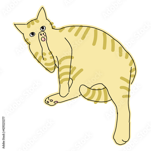内緒のポーズの茶虎の猫の全身イラスト