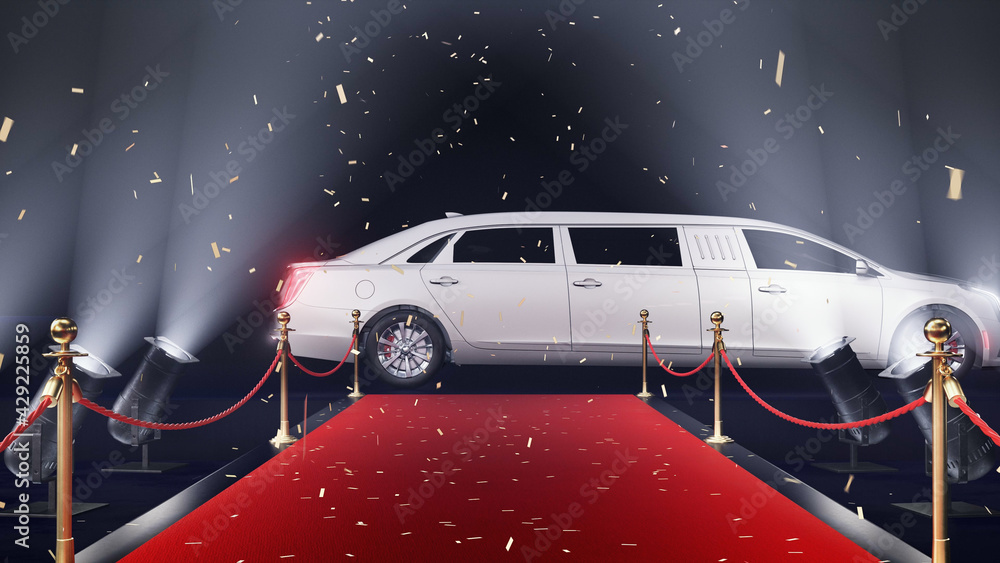 3d render red carpet with limousine and confetti