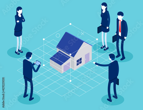 Augmented reality house concept with character. Flat isometric vector illustration
