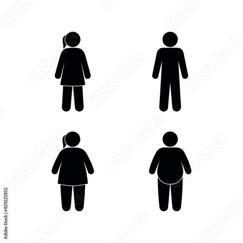 human silhouette man and woman, toilet door symbol, slim and fat people stand side by side, stick man icon, obesity and healthy lifestyle