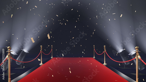 3d render red carpet with confetti and volume light