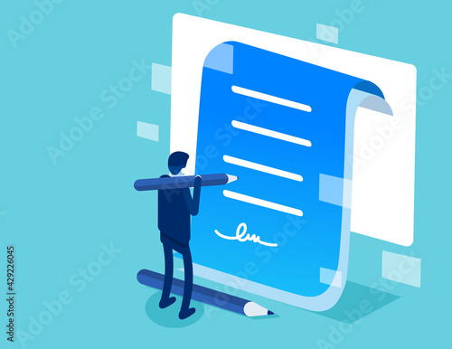 Character signing digital signature at online business contract. Data protection and privacy policy