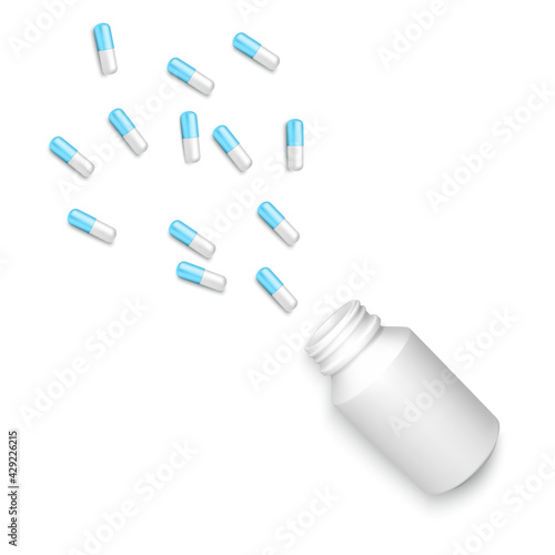 Realistic bottle with scattered tablets. White and blue drug capsules isolated on white background. Healthcare and medicine object for banner or poster. Vector