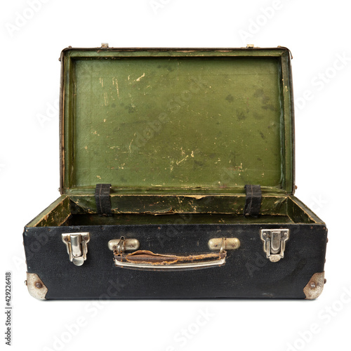 Old open suitcase isolated on the white background. Retro-styled soviet shabby suitcase.