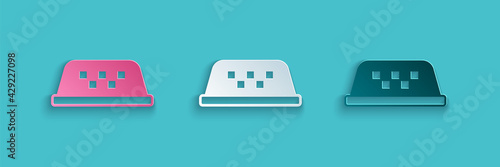 Paper cut Taxi car roof icon isolated on blue background. Paper art style. Vector