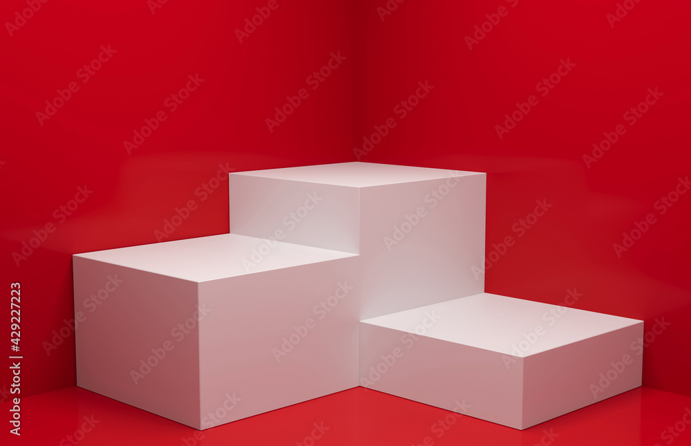 Fototapeta premium three white podium and red background