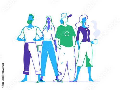 Team di giovani talenti. Gruppo di personaggi colorati maschili e femminili isolati sullo sfondo bianco