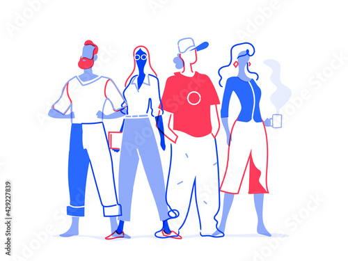 Team di giovani talenti. Gruppo di personaggi colorati maschili e femminili isolati sullo sfondo bianco
