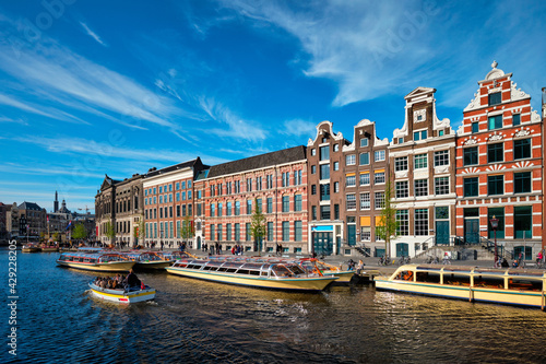 Amsterdam view - canal with boat, bridge and old houses