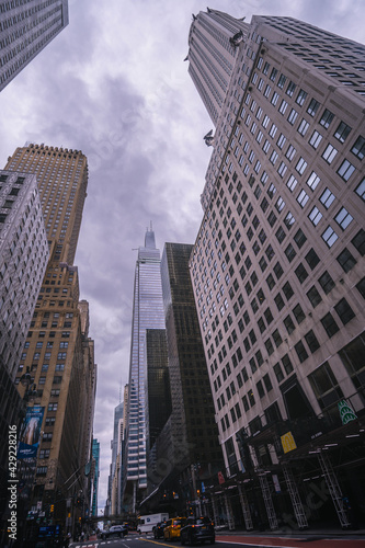 Looking up on Manhattan skyscrapers with wide angle perspective 