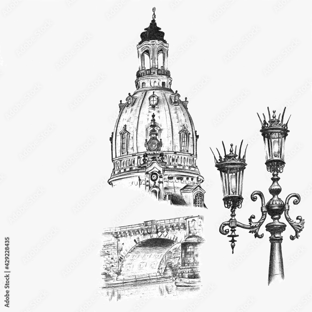 Old cathedral bridge lantern drawing ballpoint pen