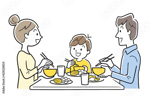 ベクターイラスト素材：食卓を囲んで食事する家族
