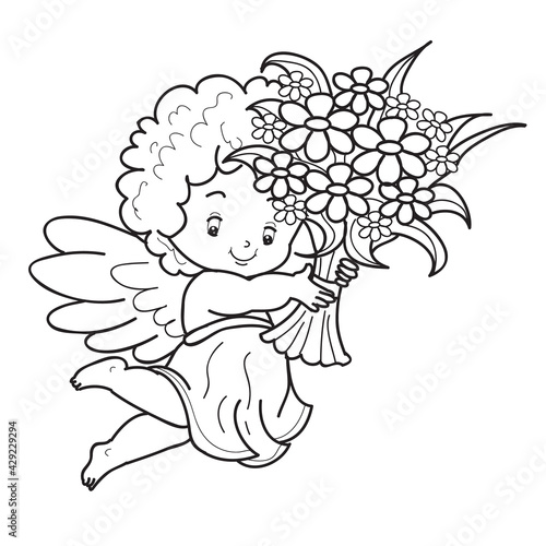 sketch, angels with wings and large bouquets of flowers, cartoon illustration, coloring book, isolated object on a white background, vector,