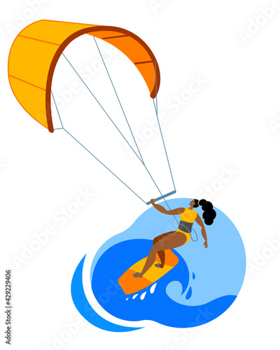 A girl on a board is engaged in kitesurfing. Vector icon or sticker in a flat style on the theme of surfing.