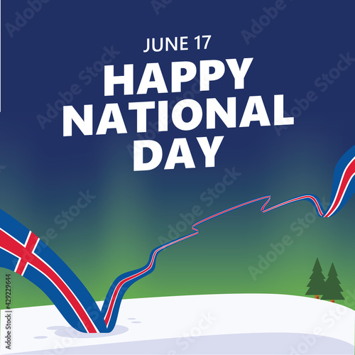 Illustration of Iceland national day with snowy scenery and aurora borealis.