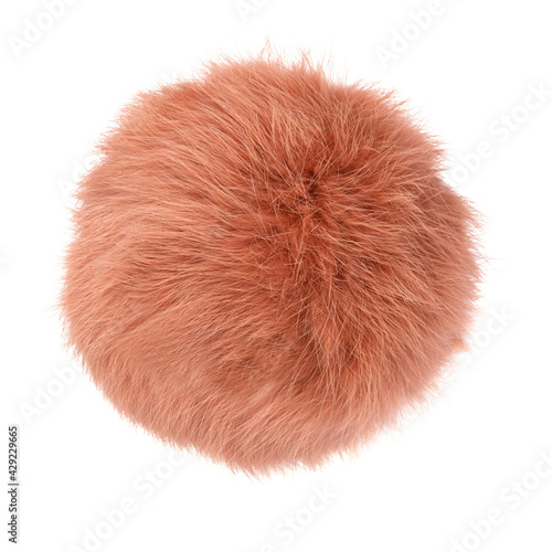 Close up of brick rabbit fur pompom isolated on white background. Brown fur.