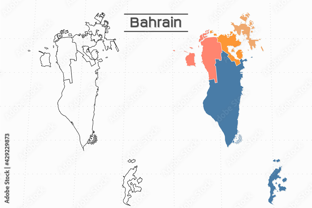 Bahrain map city vector divided by colorful outline simplicity style. Have 2 versions, black thin line version and colorful version. Both map were on the white background.