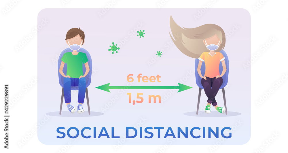 People, men and woman, sitting on chair with social distancing 1,5 meters, 6 feet. Keep your distance. Vector illustration isolated on white background for covid-19 poster, banner. People, men and woman, sitting on chair with social distancing 1,5 meters, 6 feet. Keep your distance. Vector illustration isolated on white background for covid-19 poster, banner.