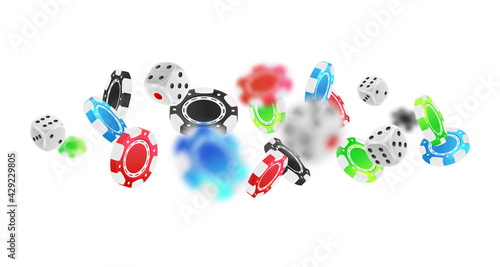 Banner with flying red, green, blue, black poker chips, tokens, silver dices isolated on white background. Vector illustration for casino, game design, advertising.