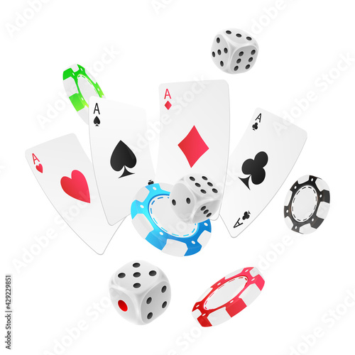Poster with falling red, green, blue, black poker chips, tokens, silver dices, playing cards on white background. Vector illustration for casino, game design, advertising.