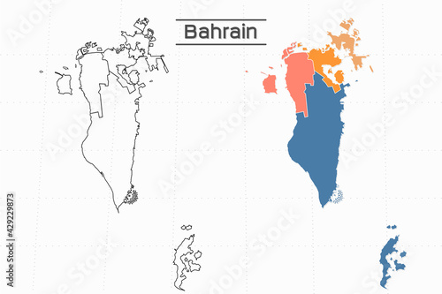 Bahrain map city vector divided by colorful outline simplicity style. Have 2 versions, black thin line version and colorful version. Both map were on the white background.