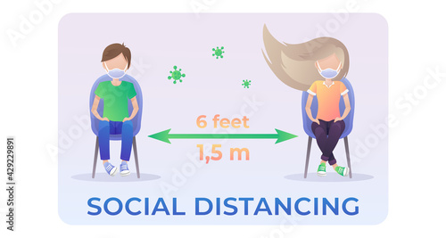 People, men and woman, sitting on chair with social distancing 1,5 meters, 6 feet. Keep your distance. Vector illustration isolated on white background for covid-19 poster, banner.
