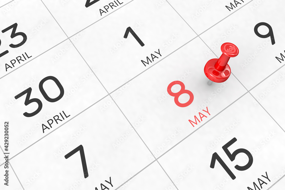 3d rendering of important days concept. May 8th. Day 8 of month. Red date written and pinned on a calendar. Spring month, day of the year. Remind you an important event or possibility. 3d rendering of important days concept. May 8th. Day 8 of month. Red date written and pinned on a calendar. Spring month, day of the year. Remind you an important event or possibility.
