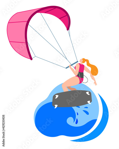 A girl on a board is engaged in kitesurfing. Vector icon or sticker in a flat style on the theme of surfing.