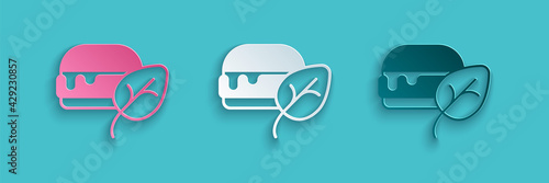 Paper cut Vegan food diet icon isolated Paper cut background. Organic, bio, eco symbol. Vegan, no meat, lactose free, healthy, fresh and nonviolent food. Paper art style. Vector