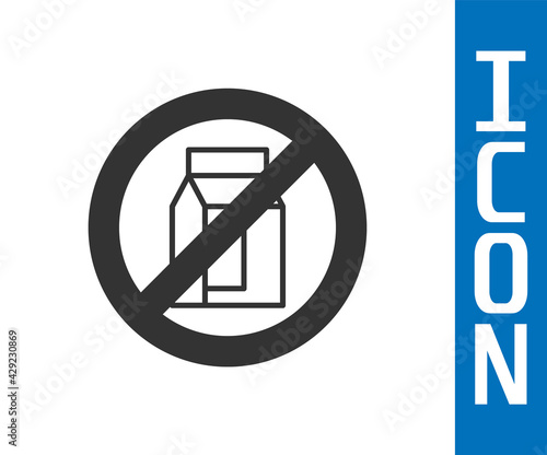 Grey No pack of milk icon isolated Grey background. Not allow milk. Allergy concept, lactose intolerance allergy warning sign. Vector