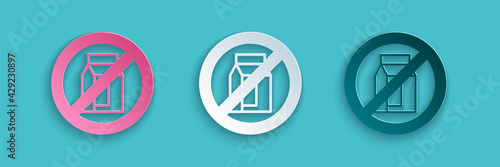 Paper cut No pack of milk icon isolated Paper cut background. Not allow milk. Allergy concept, lactose intolerance allergy warning sign. Paper art style. Vector