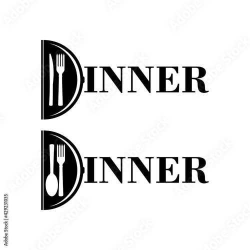 Initial letter D logo dinner for restaurant or cafe with fork, knife and crescent. Black and white vector clipart and drawing. Isolated illustration on white background.  