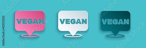 Paper cut Vegan food diet icon isolated Paper cut background. Organic, bio, eco symbol. Vegan, no meat, lactose free, healthy, fresh and nonviolent food. Paper art style. Vector