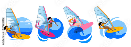 Girl ride a Board with a sail. A set of Vector icons or stickers in a flat style on the theme of windsurfing.