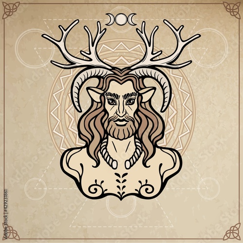 Horned god Cernunnos . Mysticism, esoteric, paganism, occultism. Vector illustration. Background - imitation of old paper, a decorative circle.