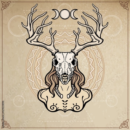 Horned god Cernunnos . Mysticism, esoteric, paganism, occultism. Vector illustration. Background - imitation of old paper, a decorative circle.