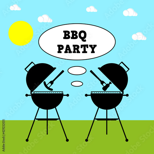Bbq party with grill and food on landscape background. Barbecue poster. Food flyer. Black and white vector clipart and drawing. 