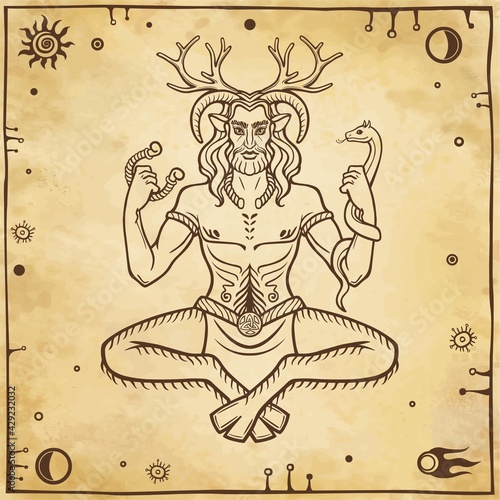 Horned god Cernunnos . Mysticism, esoteric, paganism, occultism. Vector illustration. Background - imitation of old paper.