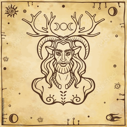 Horned god Cernunnos . Mysticism, esoteric, paganism, occultism. Vector illustration. Background - imitation of old paper.