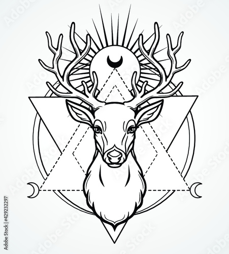Mystical image of the head of a horned deer, sacred geometry, symbols of the moon. Black drawing isolated on a gray background. Vector illustration. Print, potser, t-shirt, card.