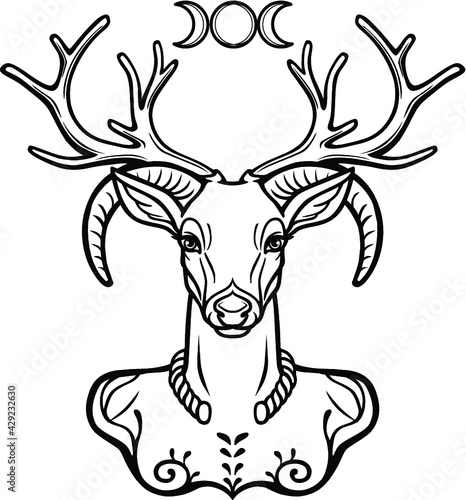 Horned god Cernunnos . Mysticism, esoteric, paganism, occultism. Vector illustration isolated on a white background.