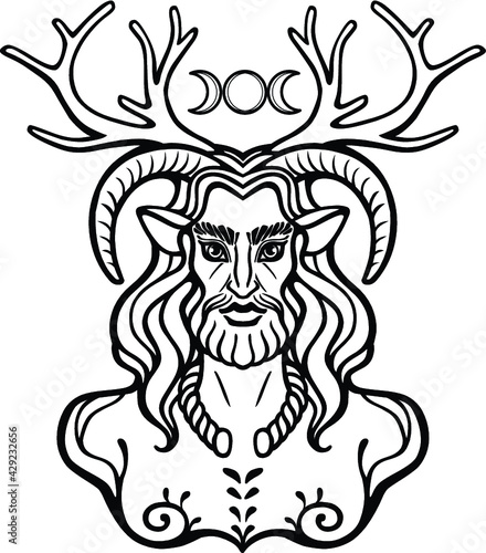 Horned god Cernunnos . Mysticism, esoteric, paganism, occultism. Vector illustration isolated on a white background.