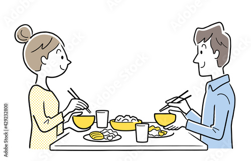 ベクターイラスト素材：テーブルで食事する夫婦、カップル

