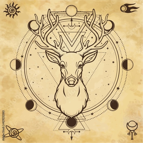 Animation portrait of a horned deer - spirit of the wood. Pagan deity. Circle of sacred geometry, phase of the moon, space symbols. Background - imitation of old paper. Vector illustration.