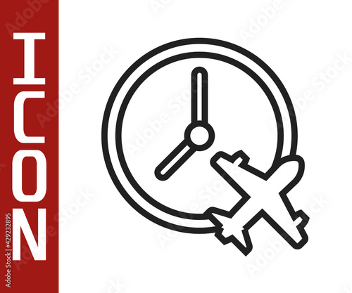 Black line Clock with airplane icon isolated on white background. Designation of time before departure, check-in for flight and arrival time symbol. Vector