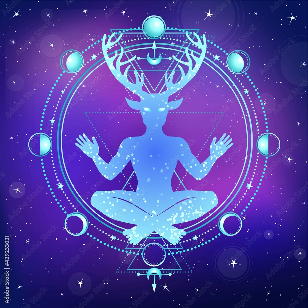 Silhouette of the sitting horned god Cernunnos. Circle sacred geometry, phases of the moon. Background - the night star sky, space. Mystic, esoteric, paganism, occultism. Vector illustration.