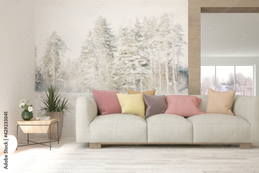Soft color living room with sofa. Scandinavian interior design. 3D illustration - obrazy, fototapety, plakaty 