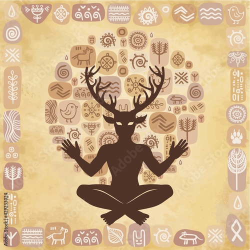 Silhouette of the sitting horned god Cernunnos. Mysticism  esoteric  paganism  occultism.  Vector illustration. Background - imitation of old paper  ethnic symbols.