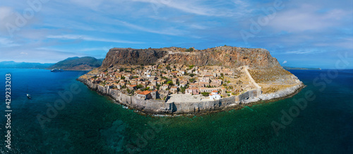 Aerial view of medieval town of Monemvasia located on small island in Lakonia of Peloponnese, Greece