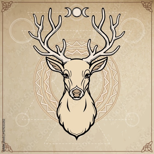 Animation portrait of a horned deer - spirit of the wood. Pagan deity. A background - imitation of old paper, moon symbols. Vector illustration. Print, potser, t-shirt, card.
